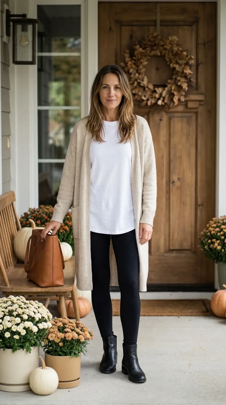 Woman wearing a long oatmeal cardigan over a white tee with black leggings and ankle boots