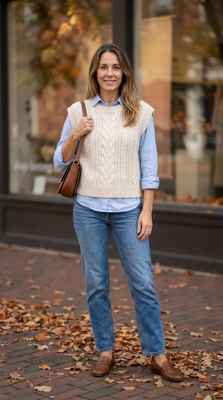 Woman wearing a cream knit sweater vest over a light blue button-down shirt with straight-leg jeans and loafers
