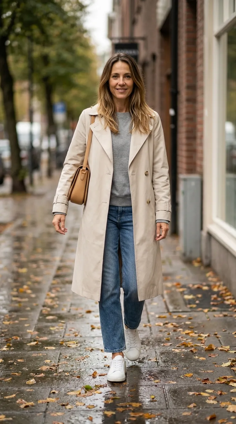 Woman wearing a stone trench coat open over a gray sweatshirt with straight-leg jeans and white sneakers