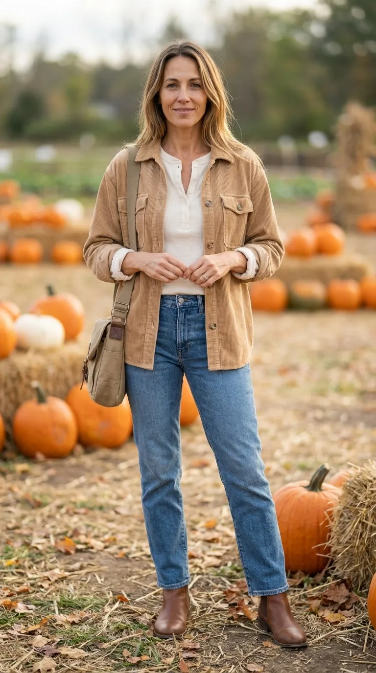Woman wearing a tan corduroy shacket over a cream henley with straight-leg jeans and brown boots