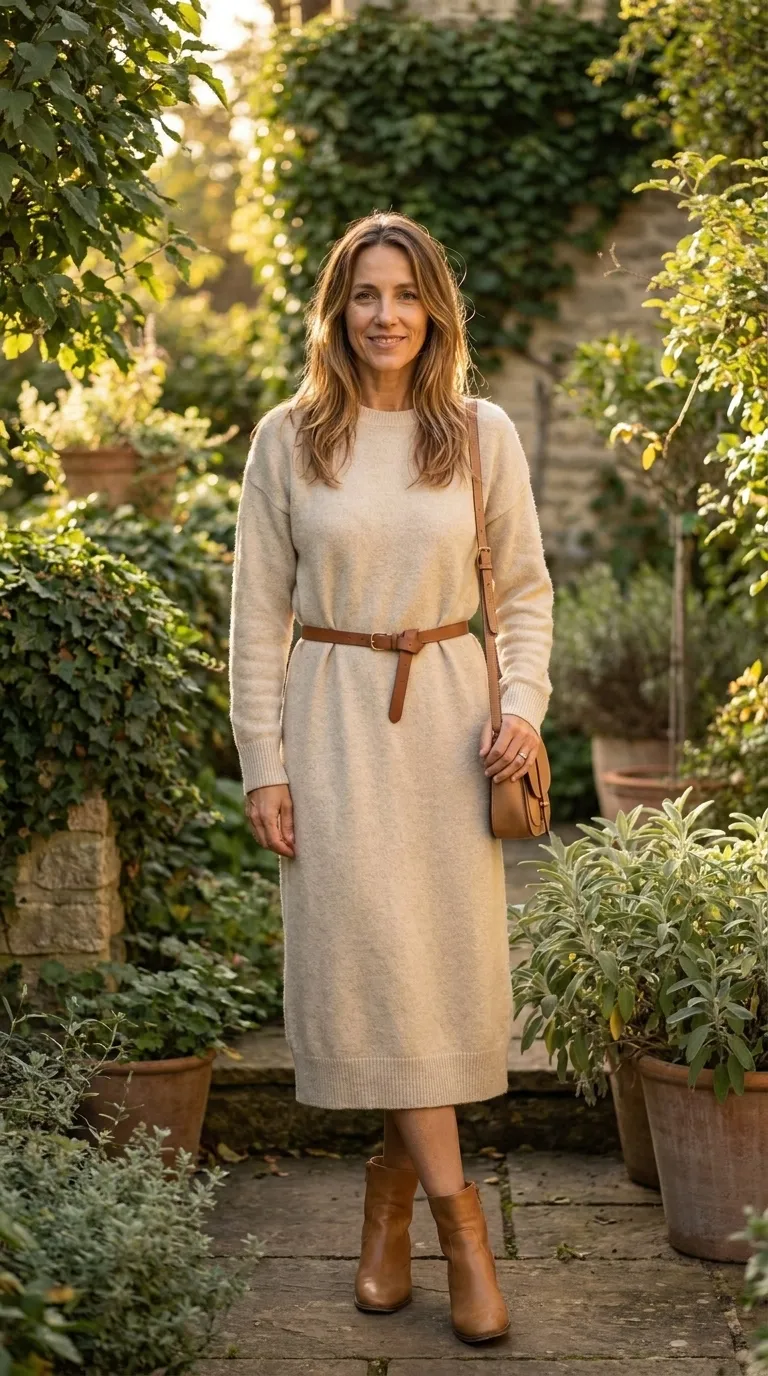 Woman wearing an oatmeal knit sweater dress that ends mid-calf with tan ankle boots and a small shoulder bag