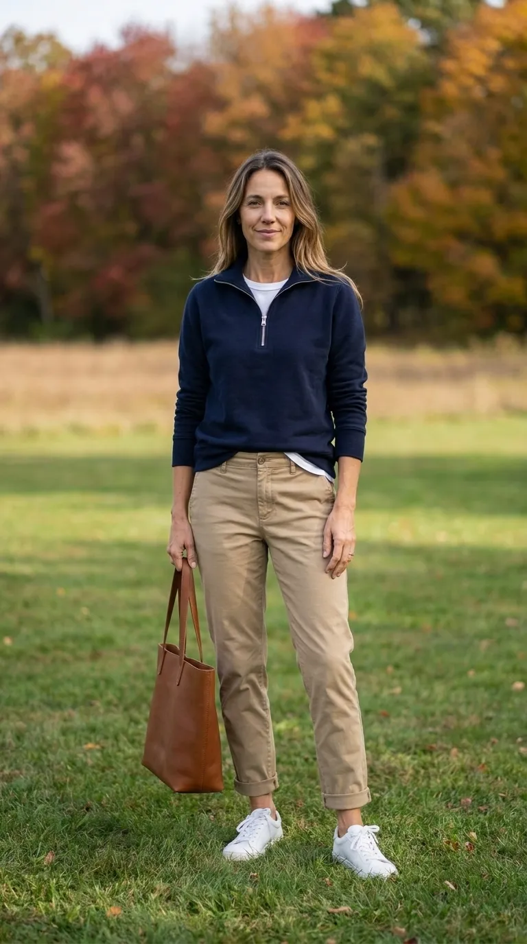 Woman wearing a navy quarter-zip pullover over a white tee collar with khaki chinos and white sneakers