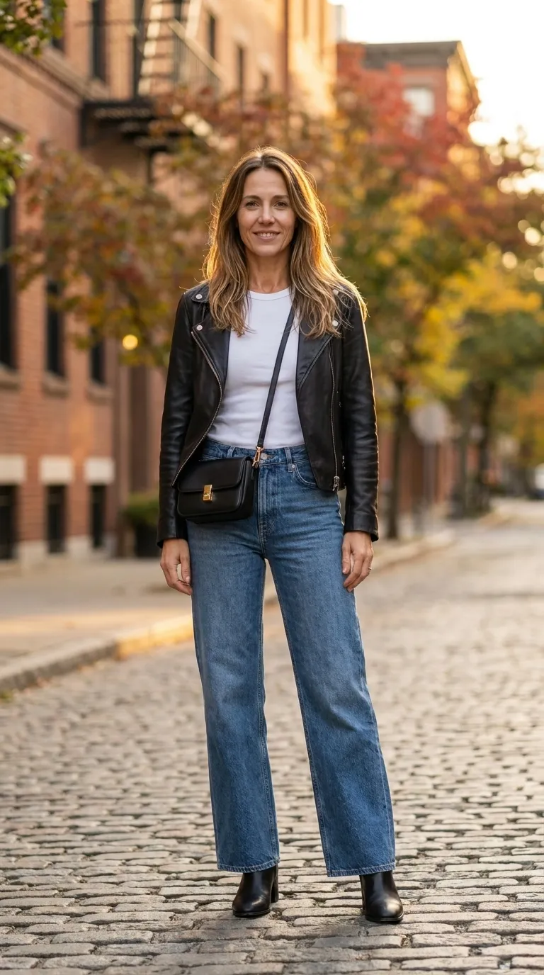 Woman wearing a black leather jacket over a white fitted tee with wide-leg jeans and black ankle boots