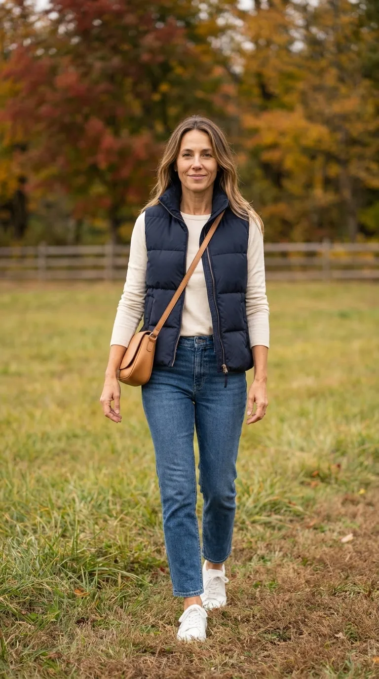 Woman wearing a navy puffer vest over a cream long-sleeve tee with straight-leg jeans and white sneakers