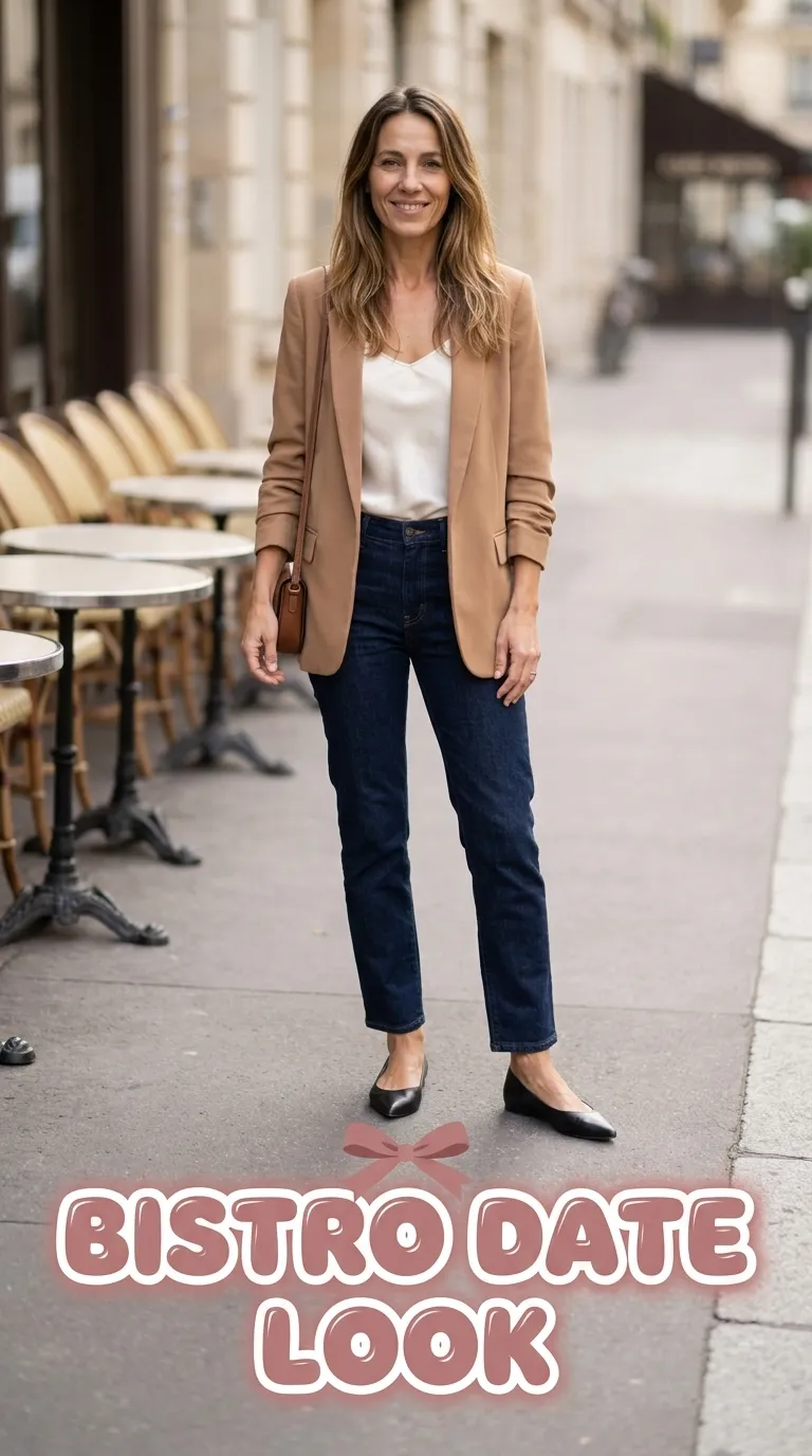 Woman in dark straight-leg jeans, an ivory silky camisole, and a soft camel blazer with pointed flats at a bistro