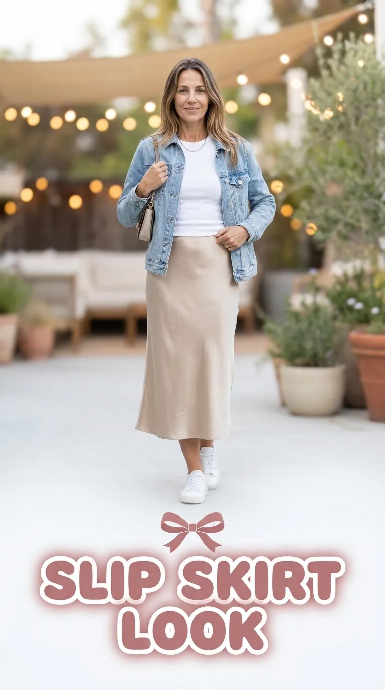 Woman in a champagne satin midi slip skirt, white fitted tee, and light denim jacket with white leather sneakers on a patio