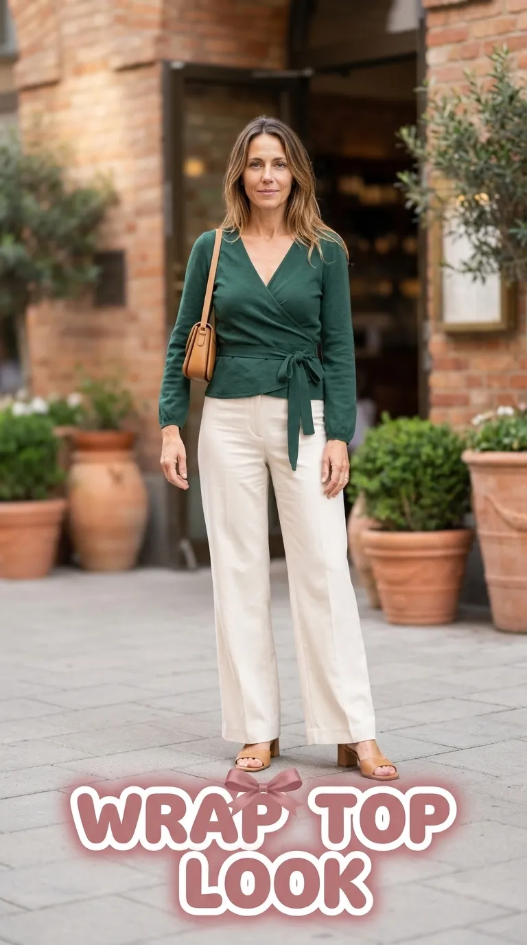 Woman in a deep green wrap top and cream wide-leg trousers with block-heel sandals at an Italian restaurant