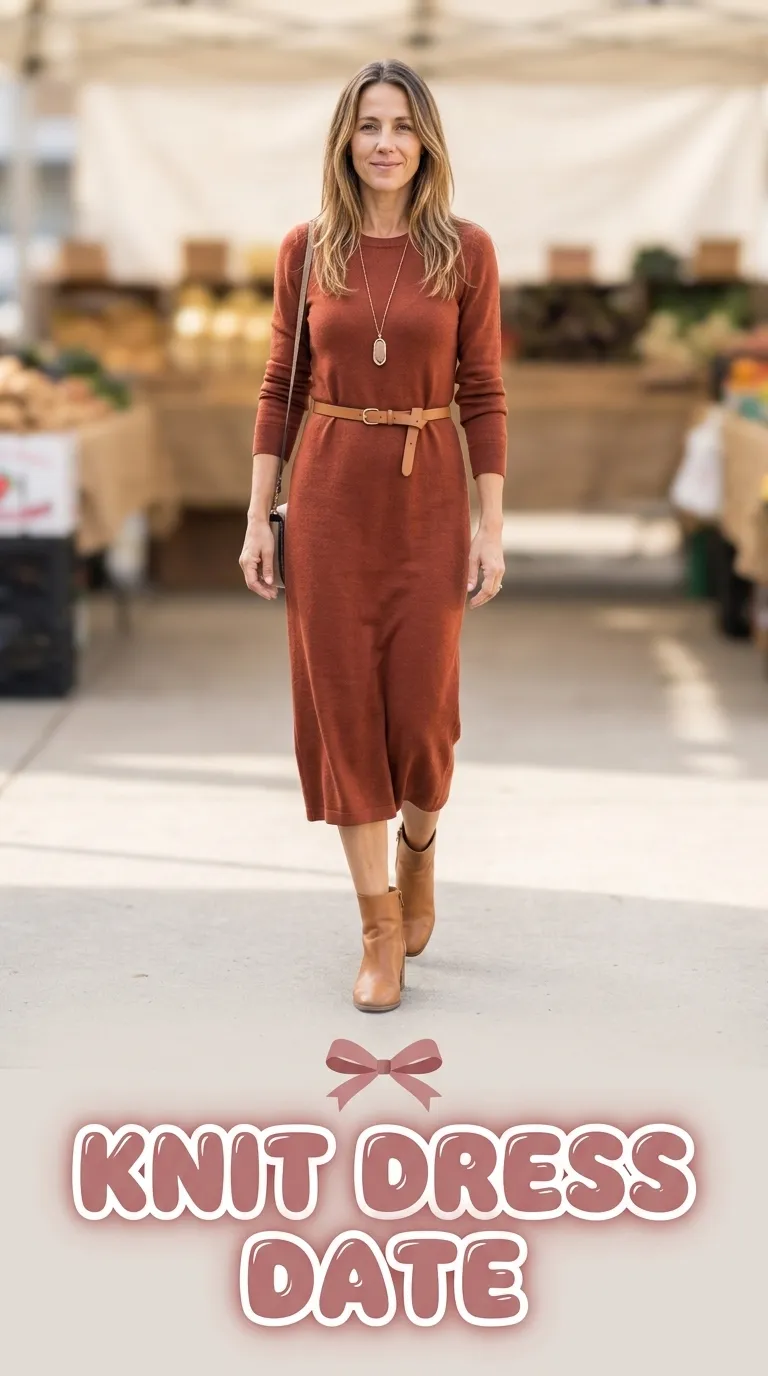 Woman in a rust fine-knit midi dress and tan ankle boots walking through a farmers market