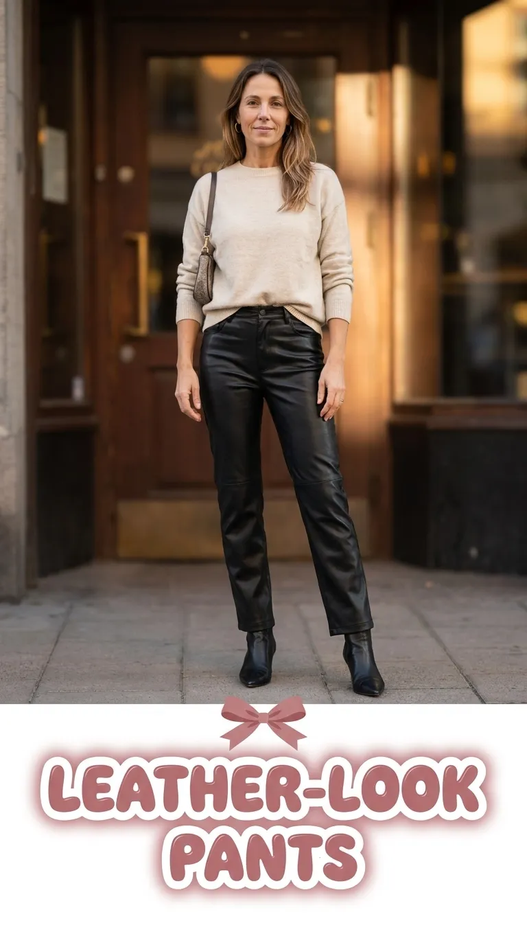 Woman in black straight-leg faux-leather pants, an oatmeal relaxed knit sweater, and ankle boots at a cocktail bar