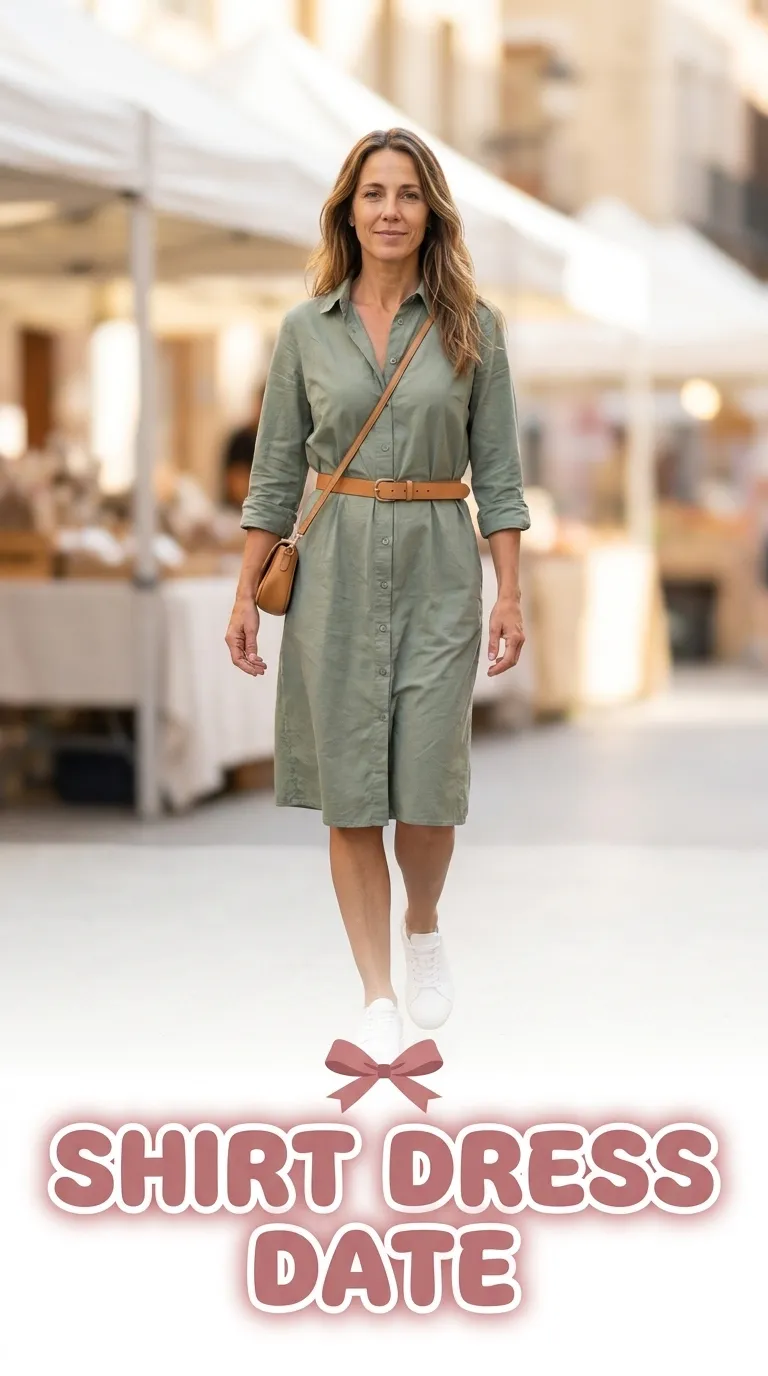 Woman in a sage cotton-blend shirt dress with a tan leather belt and white leather sneakers at an afternoon market