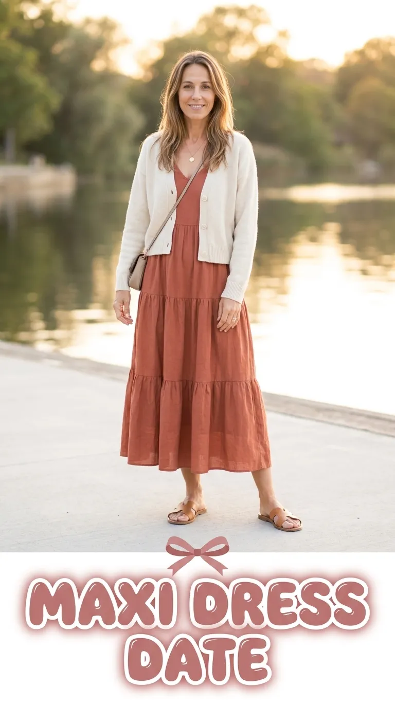 Woman in a terracotta tiered maxi dress, a cream cropped cardigan, and flat leather sandals on a waterfront path