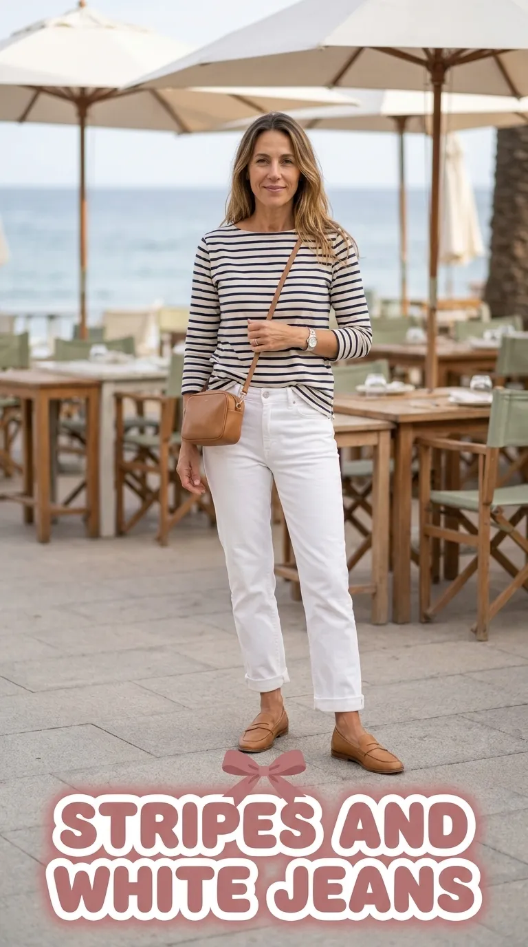 Woman in a navy and cream striped boatneck tee, white straight-leg jeans, and tan loafers at a seaside restaurant