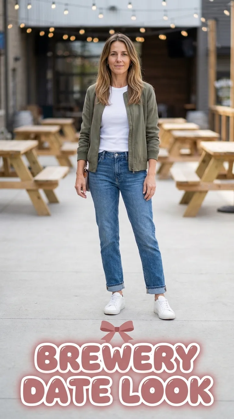 Woman in an olive soft bomber jacket, white fitted tee, mid-wash straight jeans, and low-top leather sneakers at a brewery patio