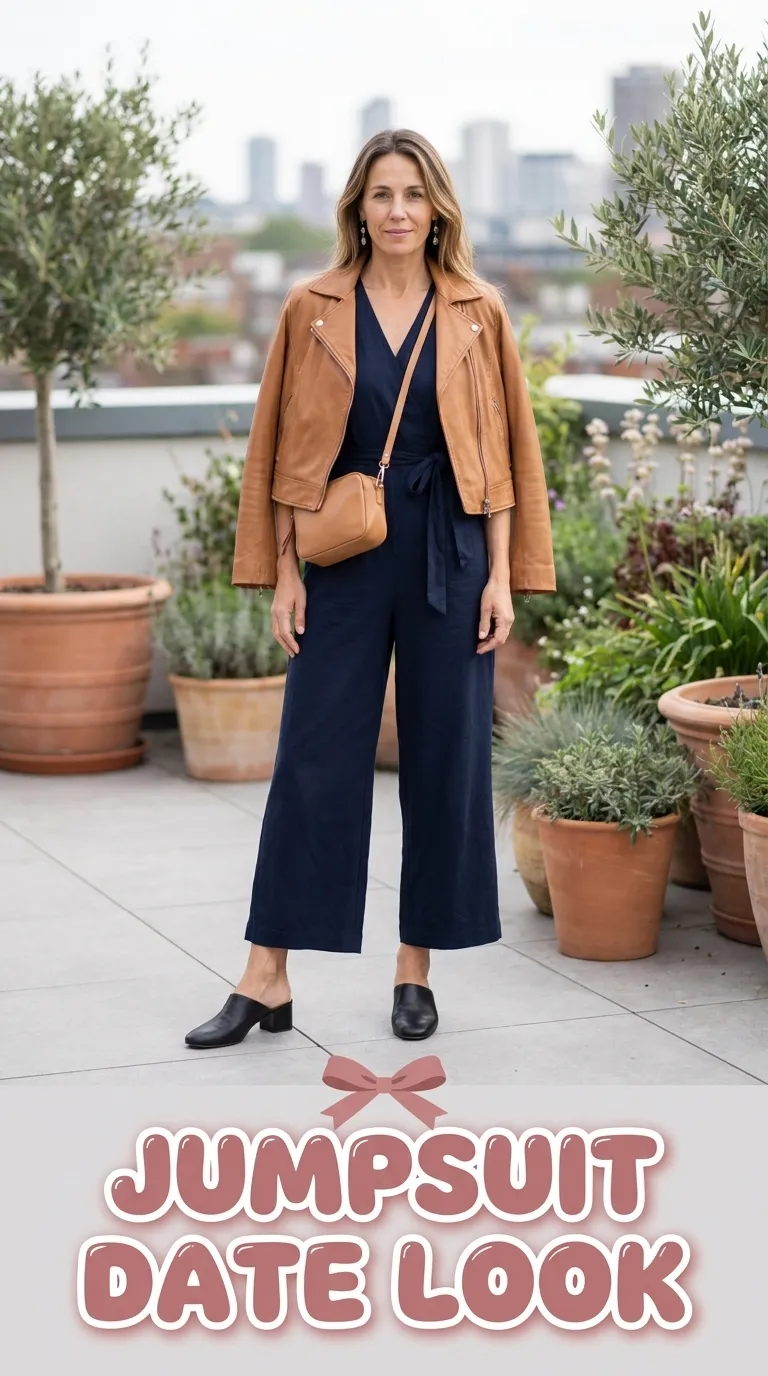 Woman in a navy wide-leg V-neck jumpsuit, a cropped tan jacket, and low block-heel mules on a rooftop terrace