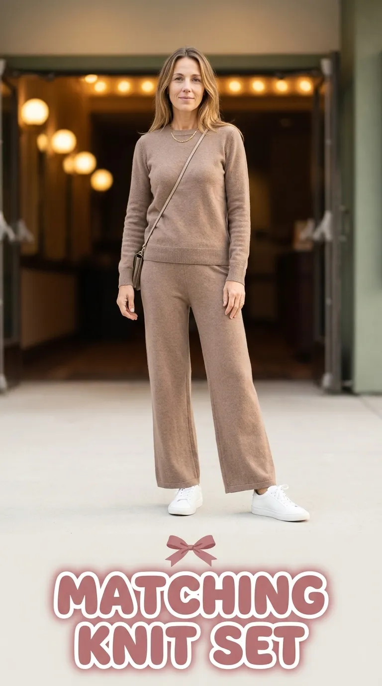 Woman in a mocha soft knit sweater and matching wide-leg knit pants with white sneakers outside a movie theater