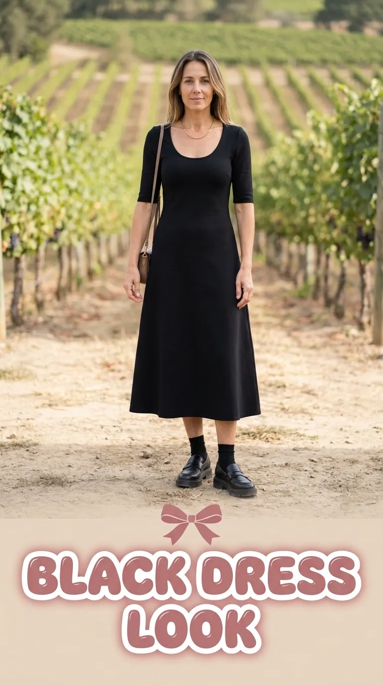 Woman in a black ponte midi dress with elbow sleeves and chunky black leather loafers at a wine tasting