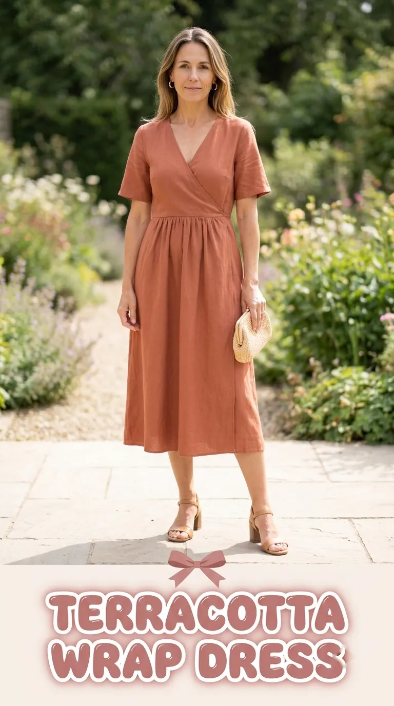 Woman wearing a terracotta wrap midi dress with tan block-heel sandals at a garden wedding