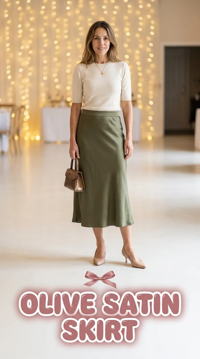 Woman wearing an olive satin midi skirt with a cream knit top and kitten heels