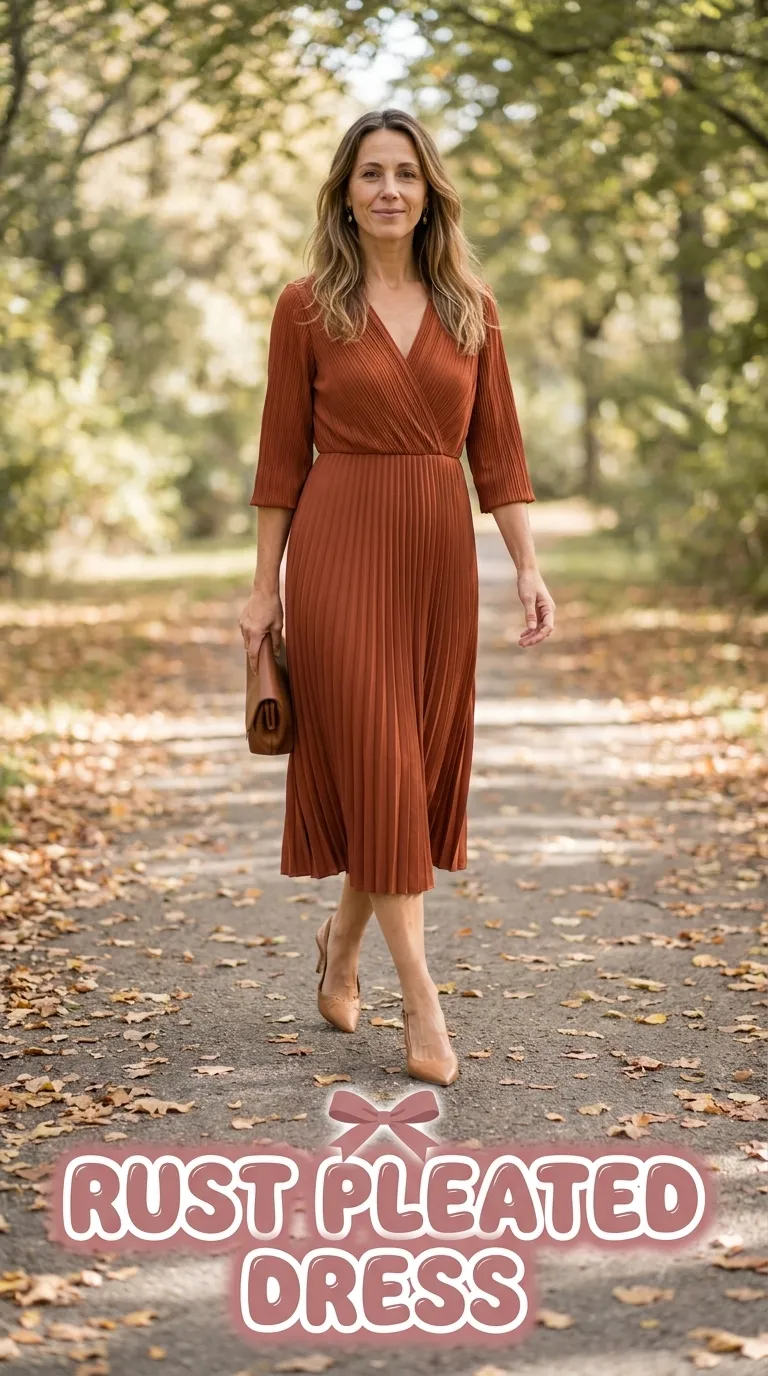 Woman wearing a rust pleated midi dress with three-quarter sleeves and slingback heels