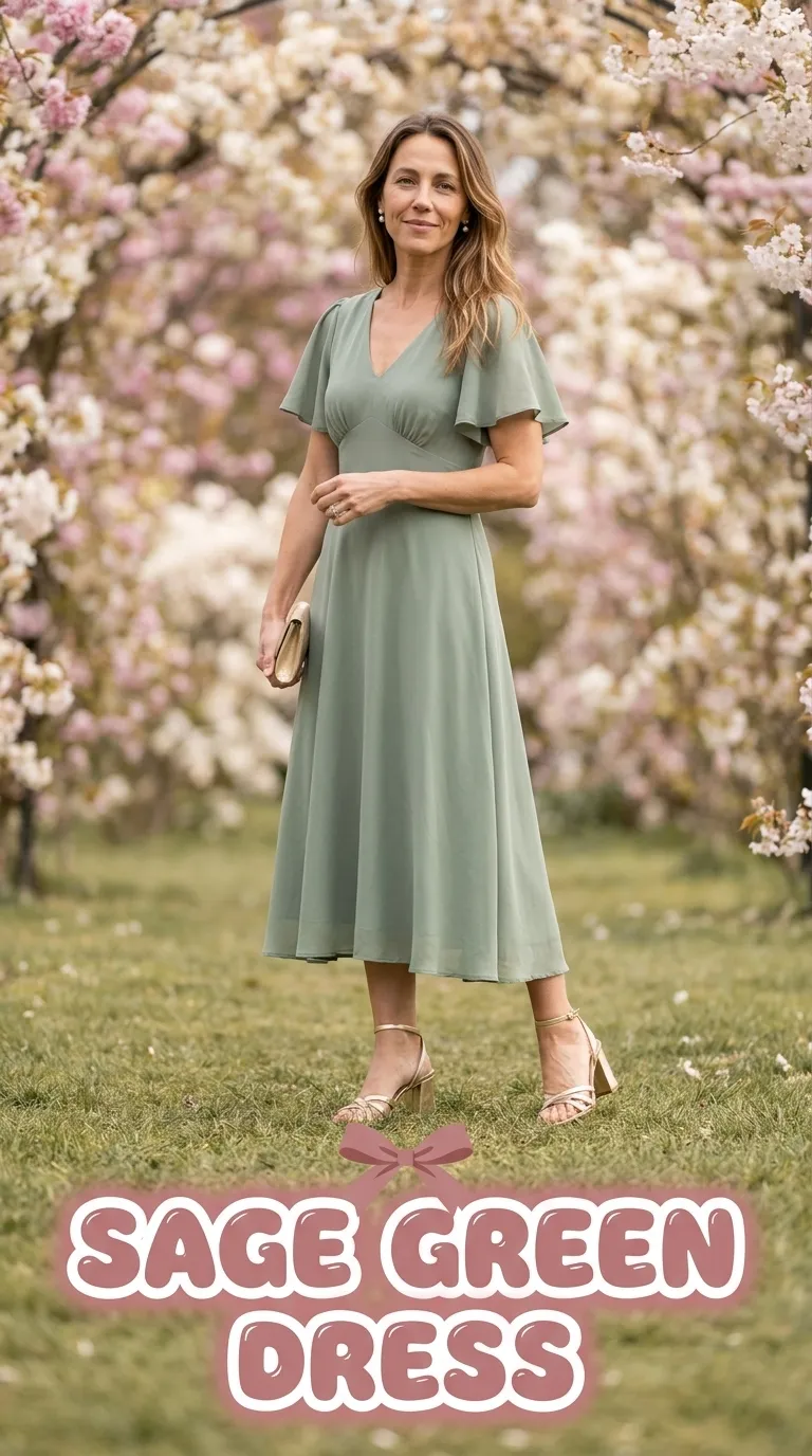 Woman wearing a sage green midi dress with flutter sleeves and gold strappy sandals