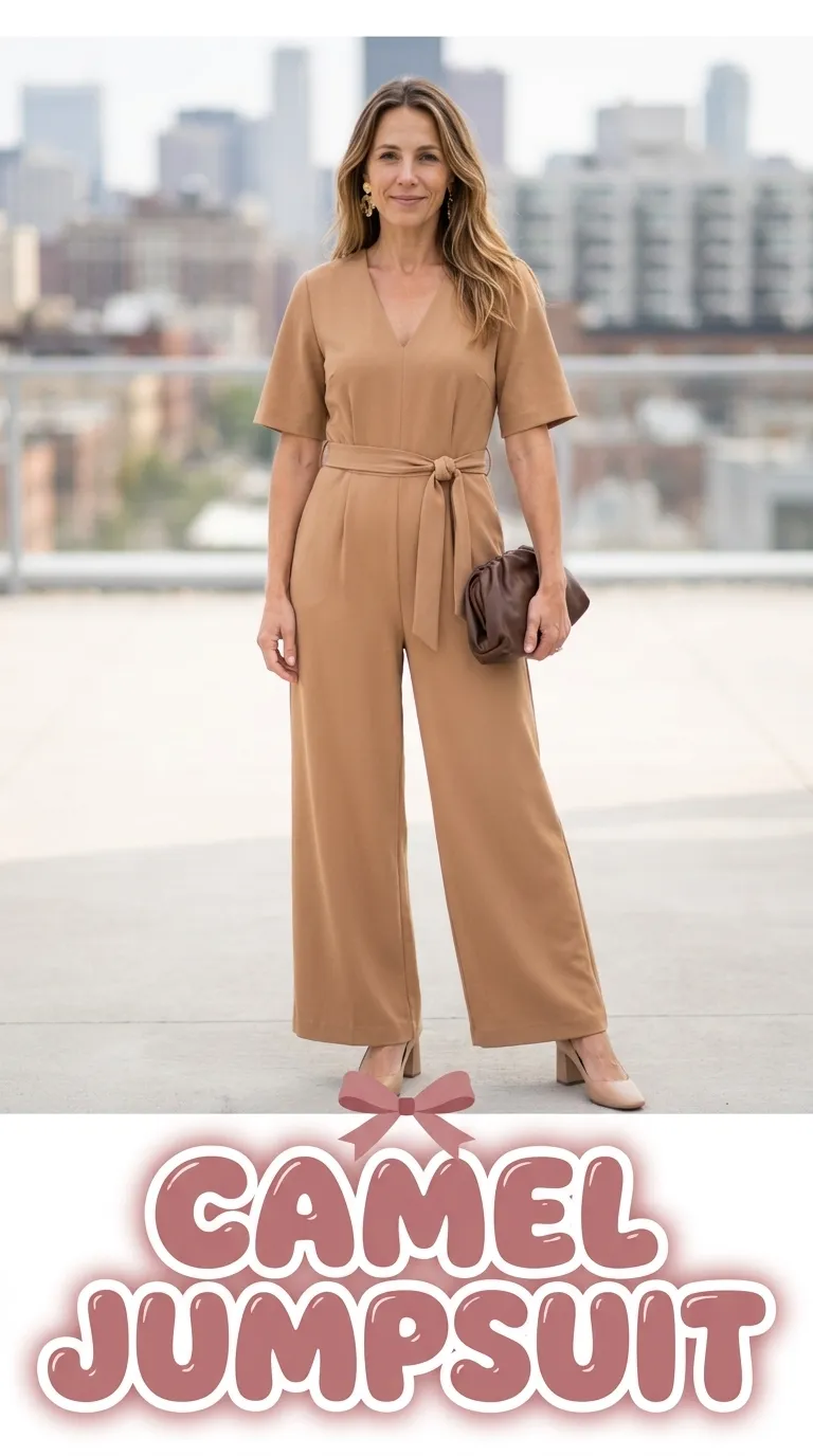 Woman wearing a camel wide-leg jumpsuit with a self-tie belt and nude block-heel pumps