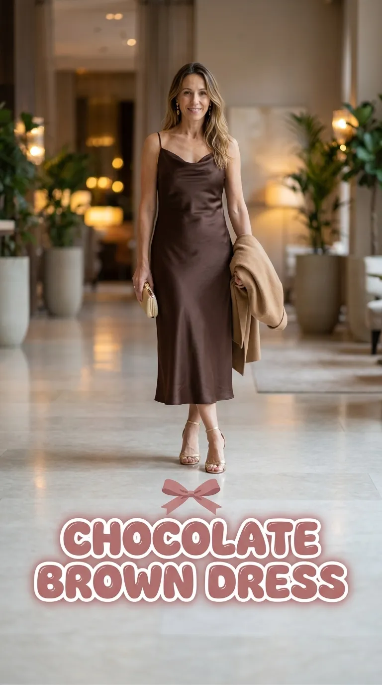 Woman wearing a chocolate brown satin midi dress with a cowl neck and gold strappy heels