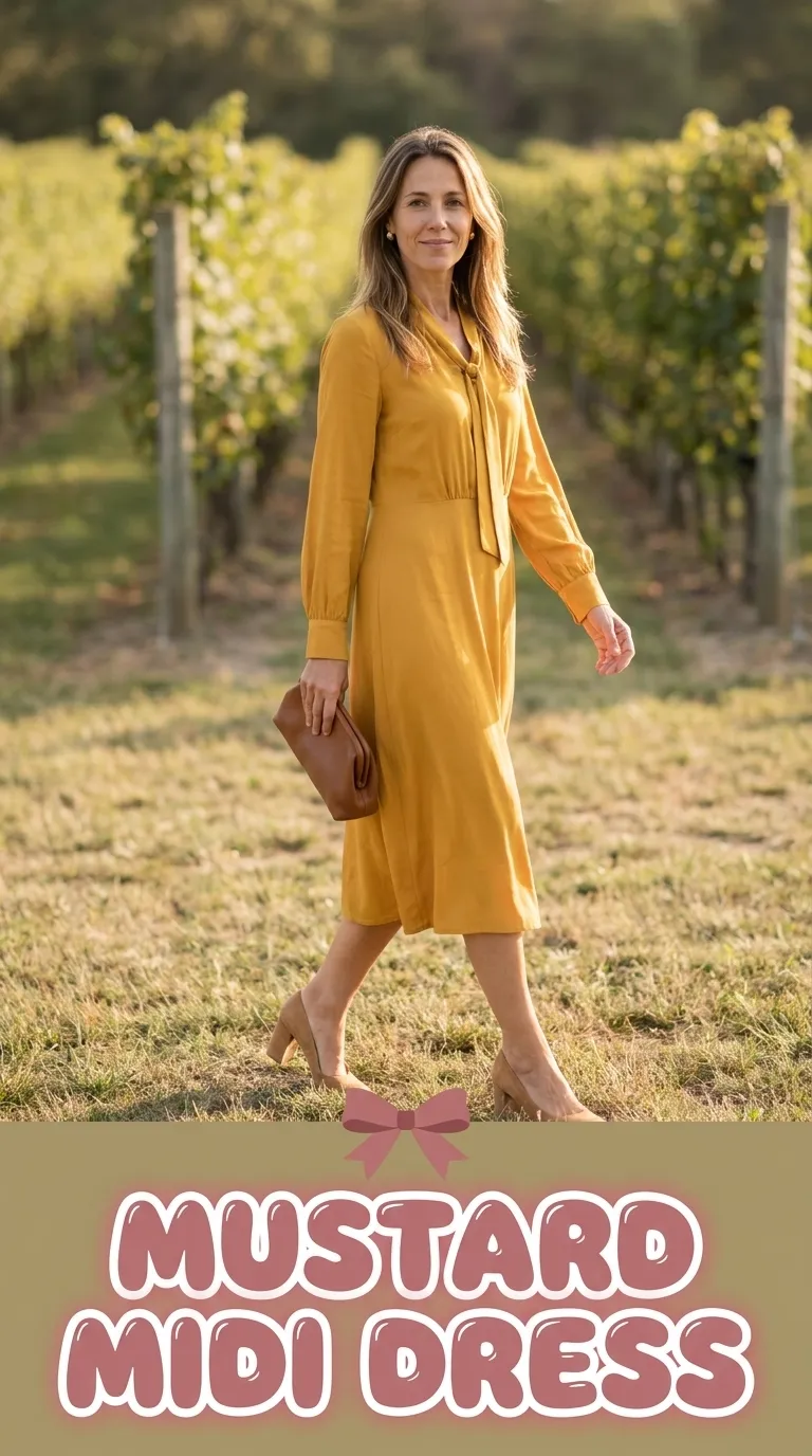 Woman wearing a mustard long-sleeve midi dress with tan block heels at a vineyard wedding