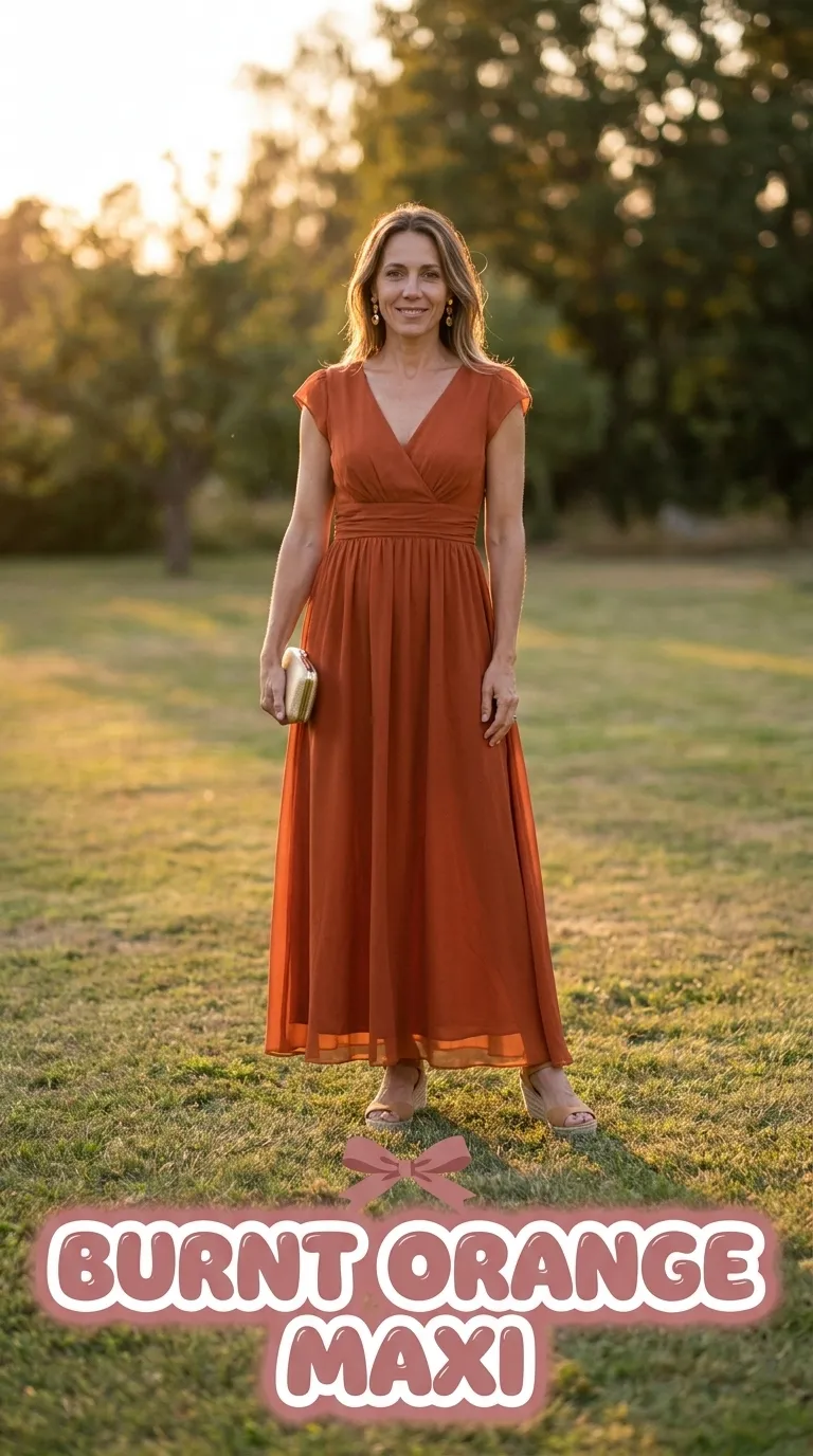 Woman wearing a burnt orange chiffon maxi dress with cap sleeves and tan wedge sandals at sunset