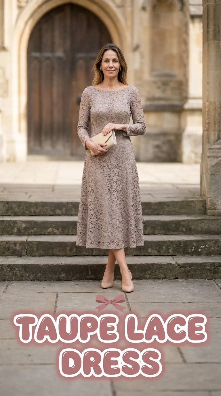 Woman wearing a taupe lace midi dress with long sleeves and nude pointed-toe pumps