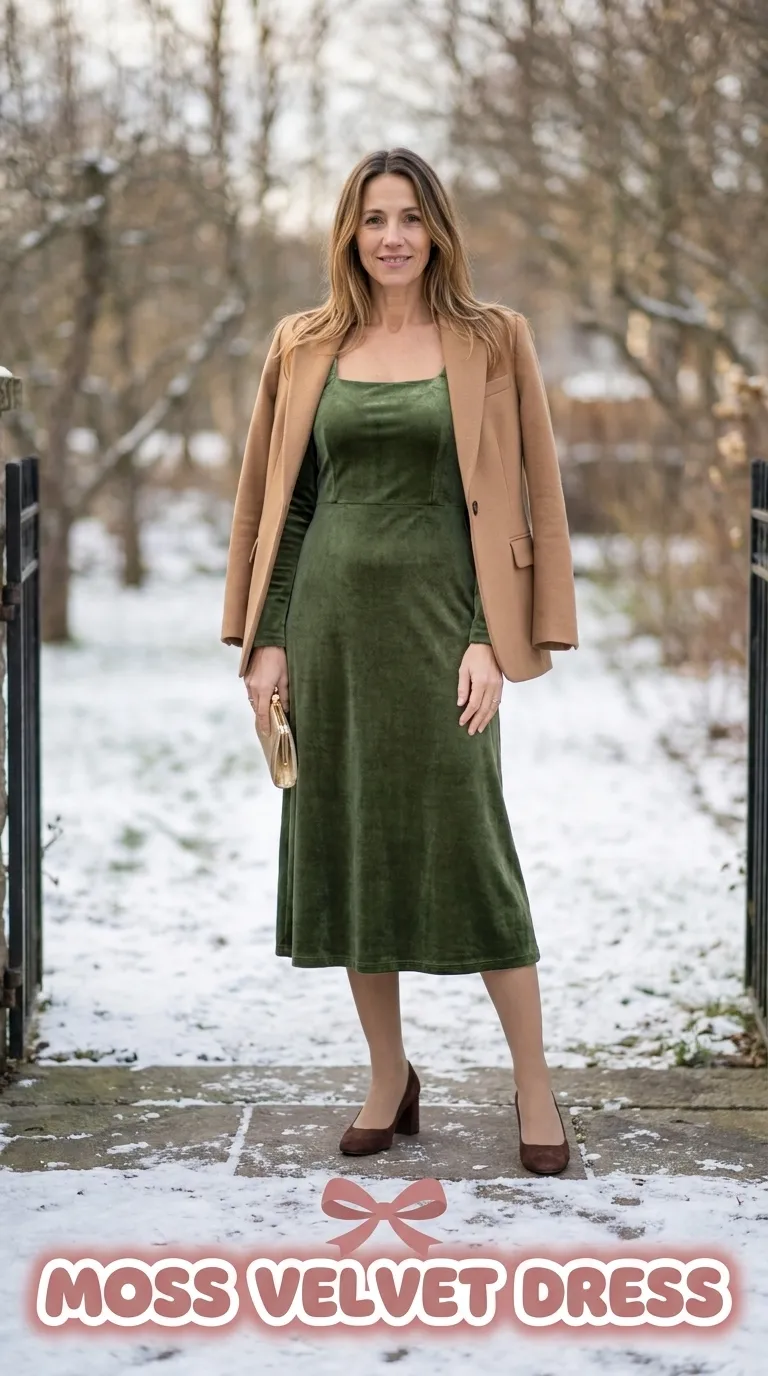 Woman wearing a moss green velvet midi dress with a camel tailored blazer over her shoulders and suede heels