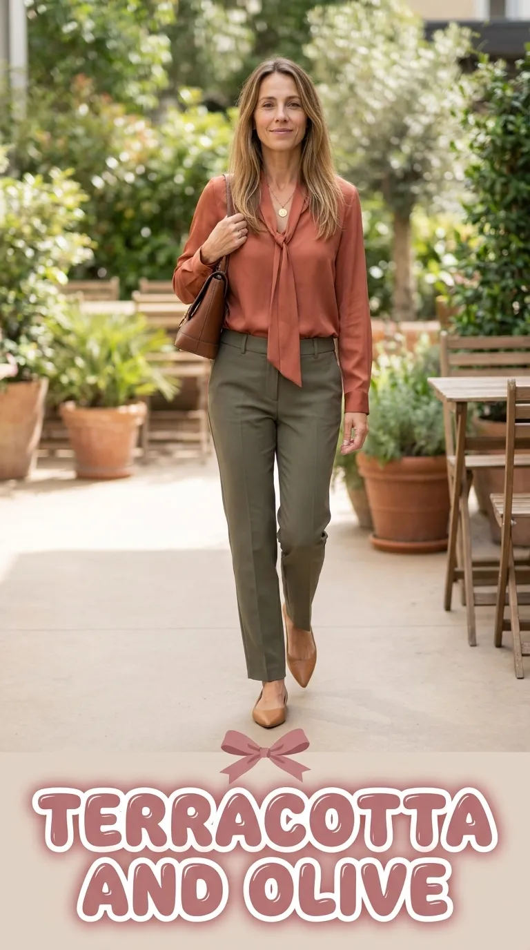Woman wearing a terracotta silk-feel blouse tucked into olive straight-leg trousers with pointed-toe flats