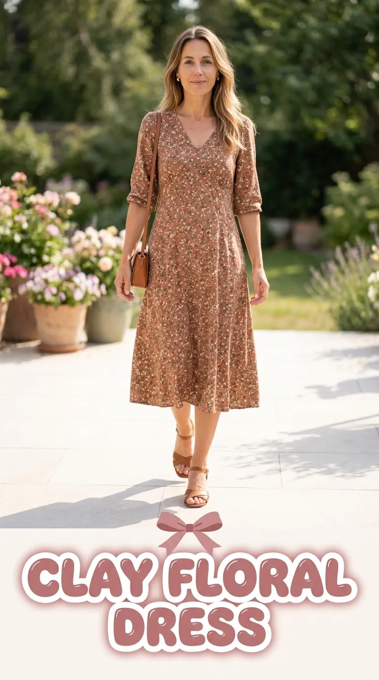 Woman wearing a clay-colored midi dress with a small olive floral print, elbow sleeves, and cognac sandals