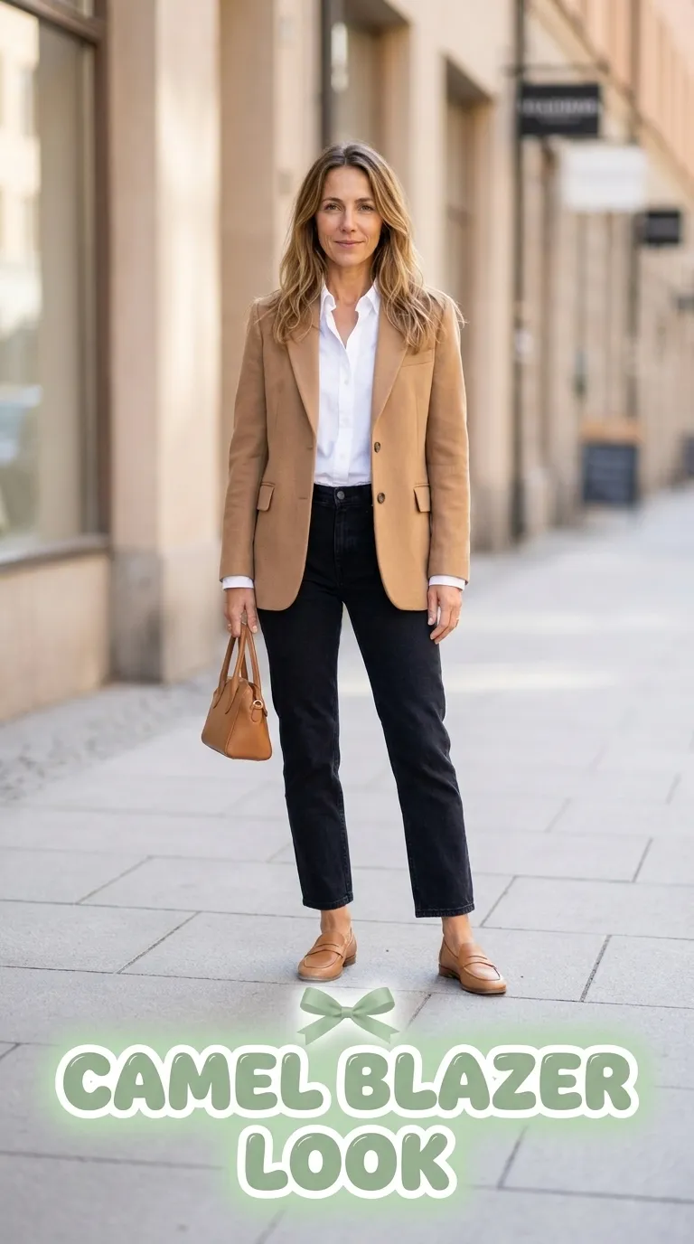 Woman wearing a camel blazer, white poplin shirt and dark straight-leg jeans with tan loafers