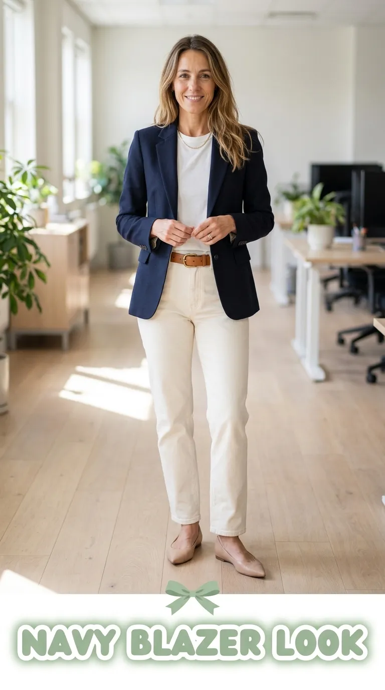 Woman wearing a navy blazer, white tee and cream trousers with nude pointed flats