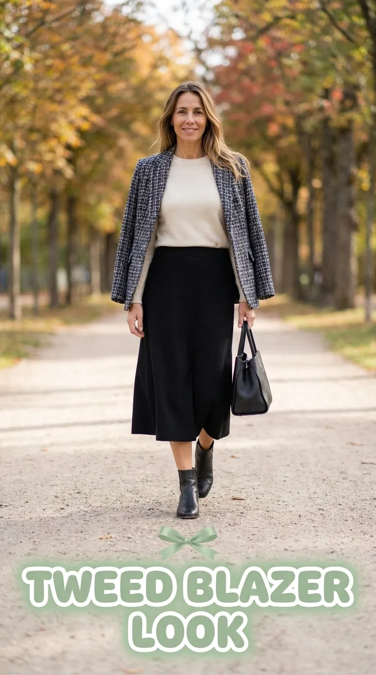 Woman wearing a tweed blazer, ivory knit top and black midi skirt with low-heel ankle boots