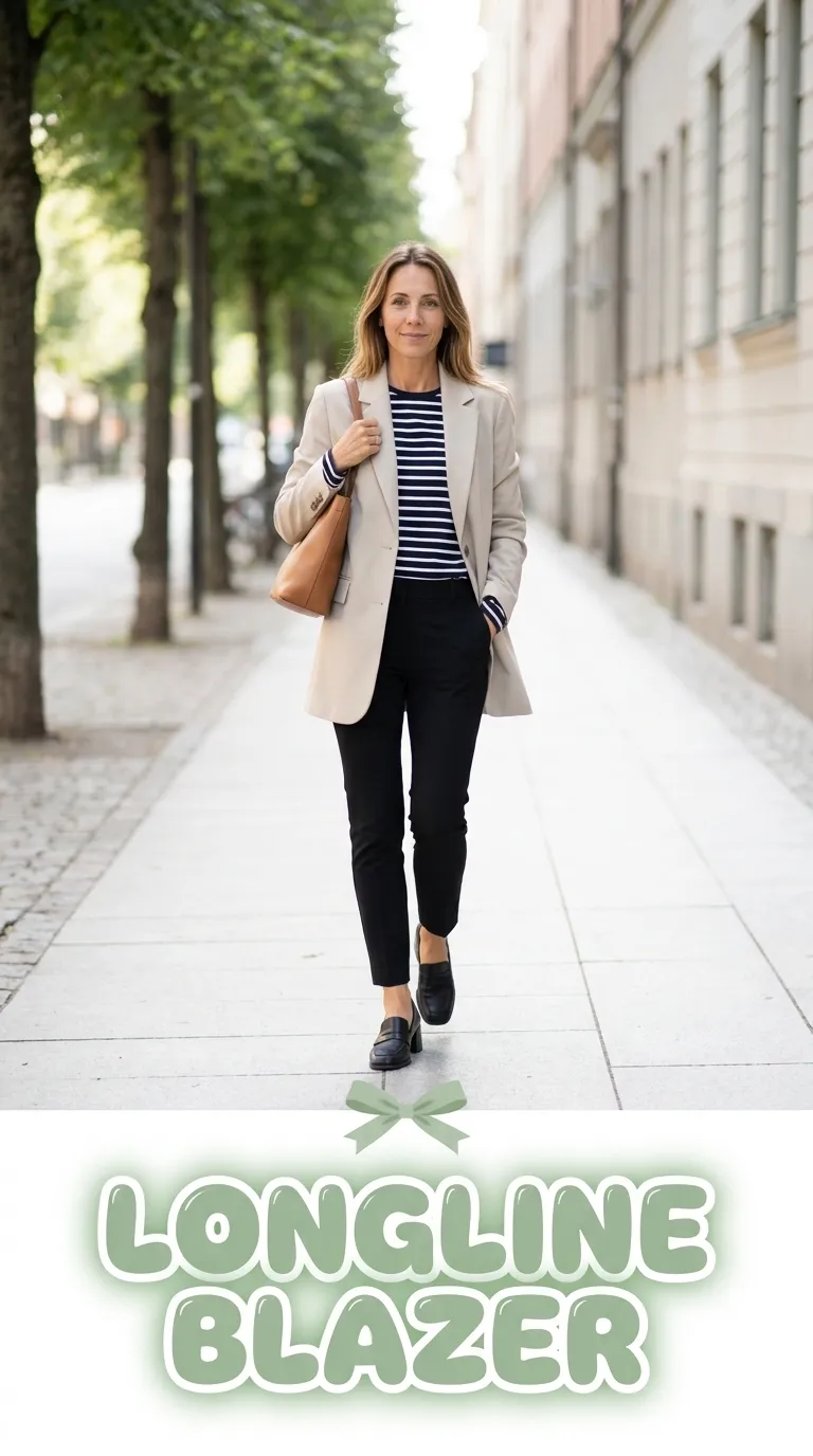 Woman wearing a stone longline blazer, striped top and slim black ankle pants with black loafers