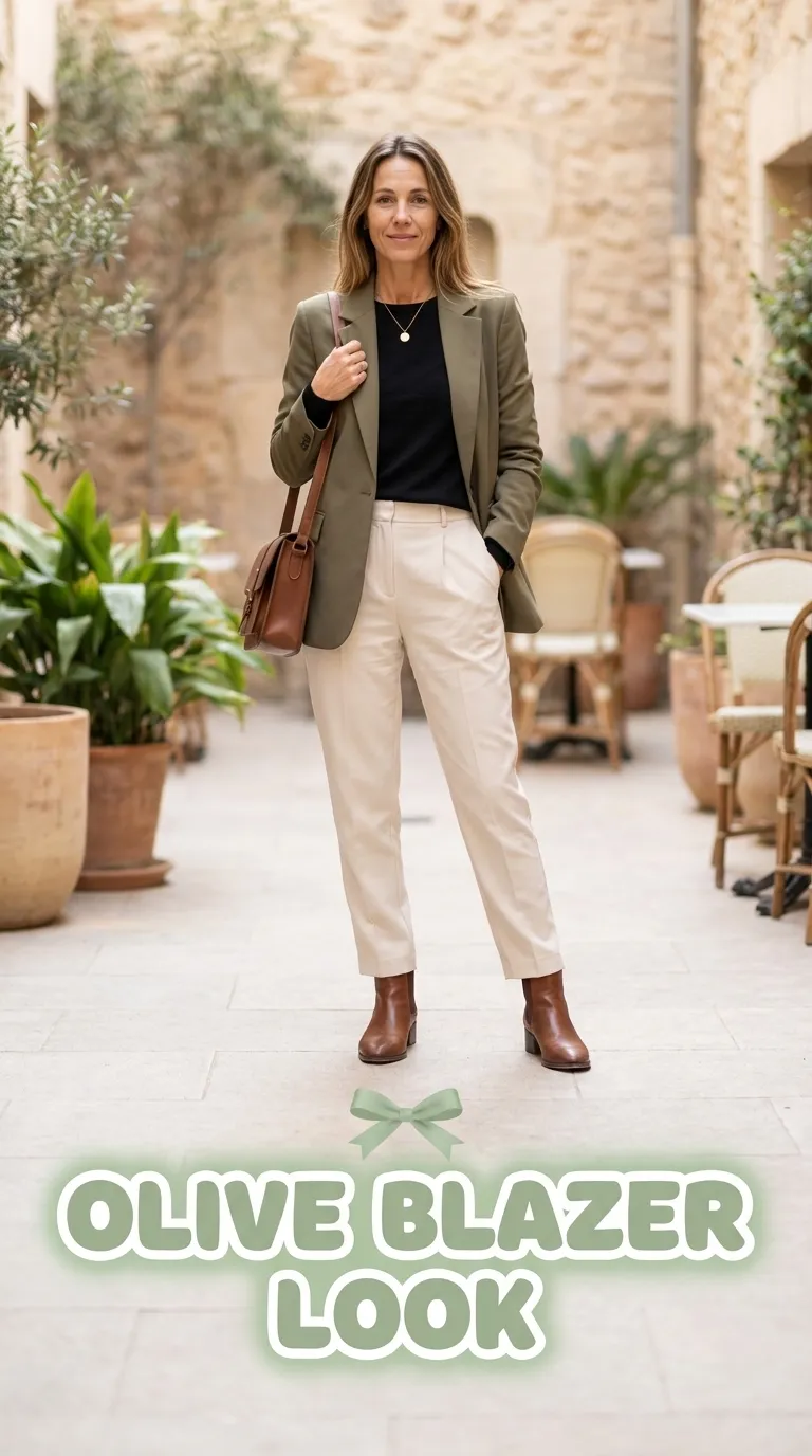 Woman wearing an olive blazer, black knit top and cream pleated trousers with brown ankle boots