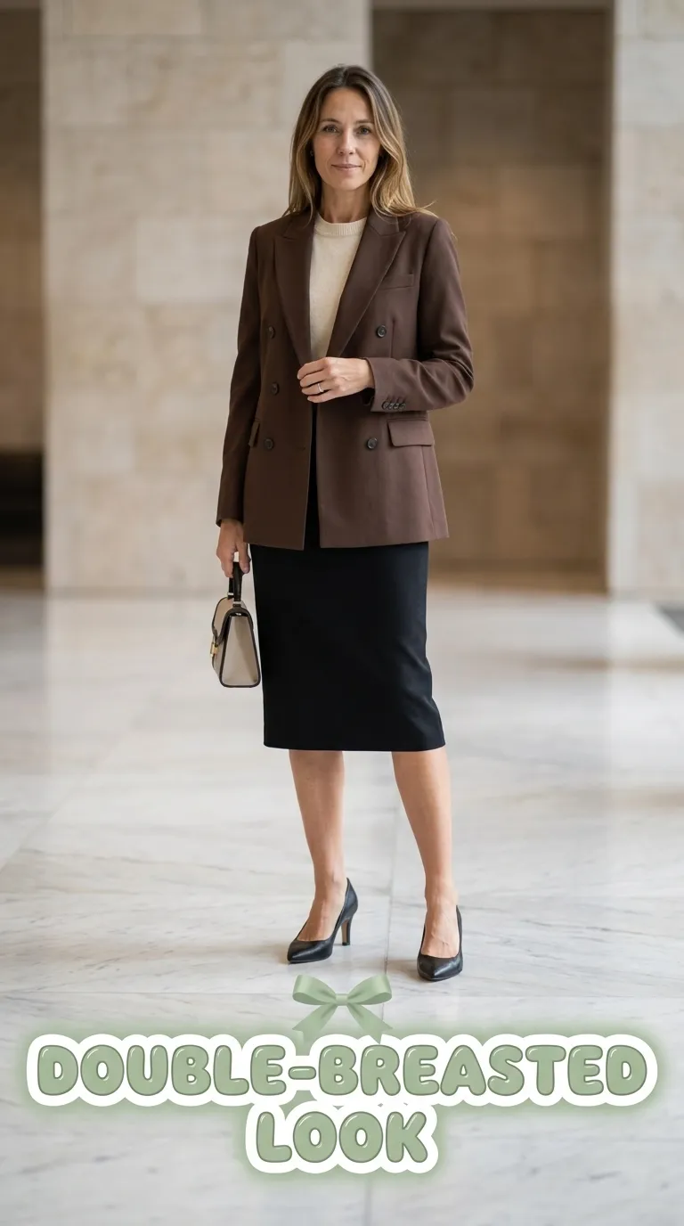 Woman wearing a chocolate brown double-breasted blazer, cream knit shell and black pencil skirt with black pumps