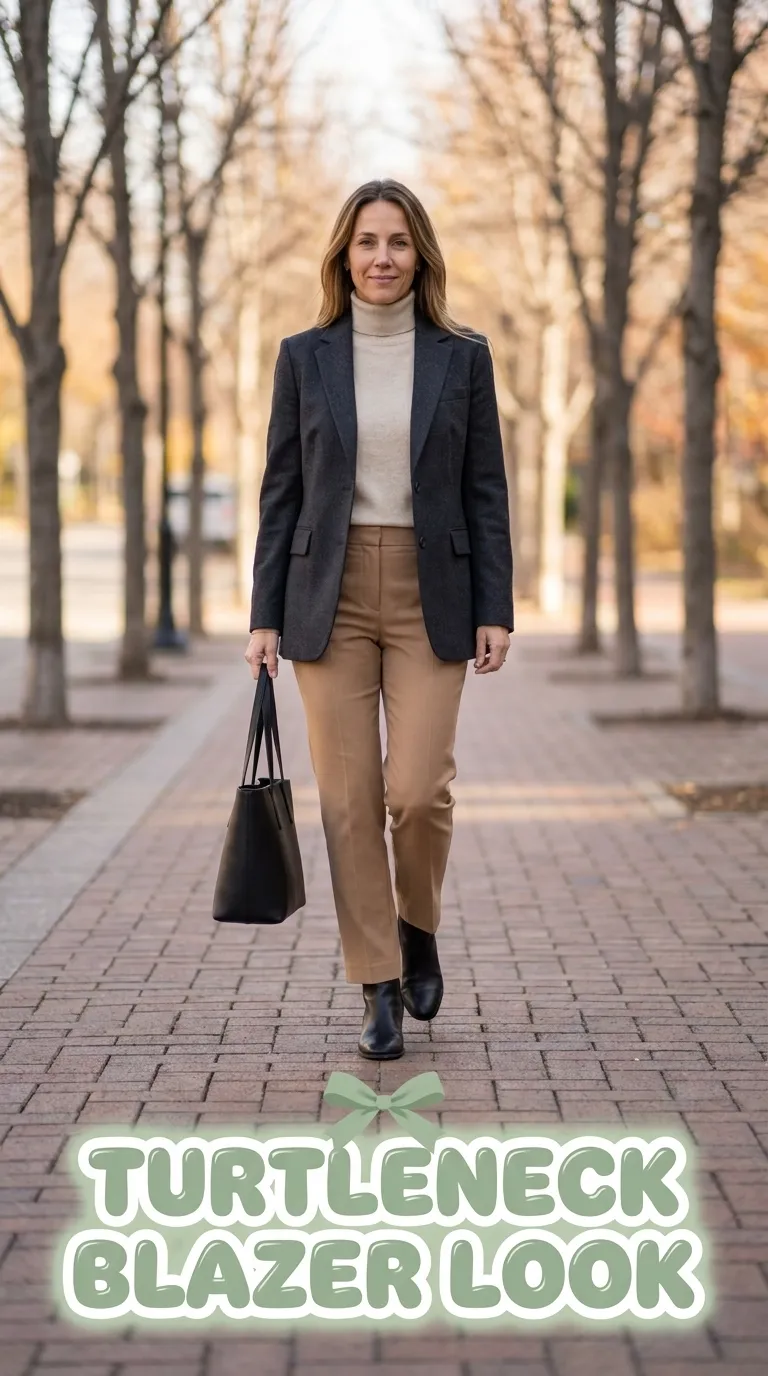 Woman wearing a charcoal blazer, oatmeal turtleneck and tan straight-leg trousers with black ankle boots