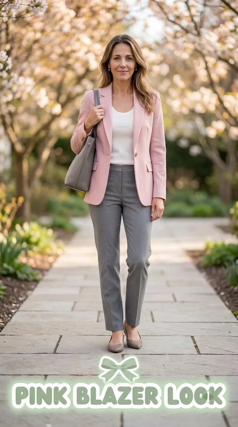 Woman wearing a soft pink blazer, white knit tank and medium gray trousers with taupe pointed flats