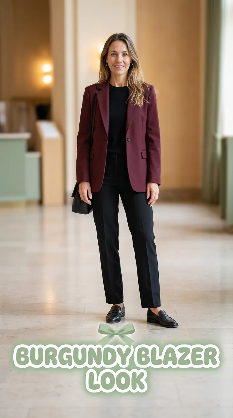 Woman wearing a burgundy blazer, black knit top and black straight-leg trousers with black loafers