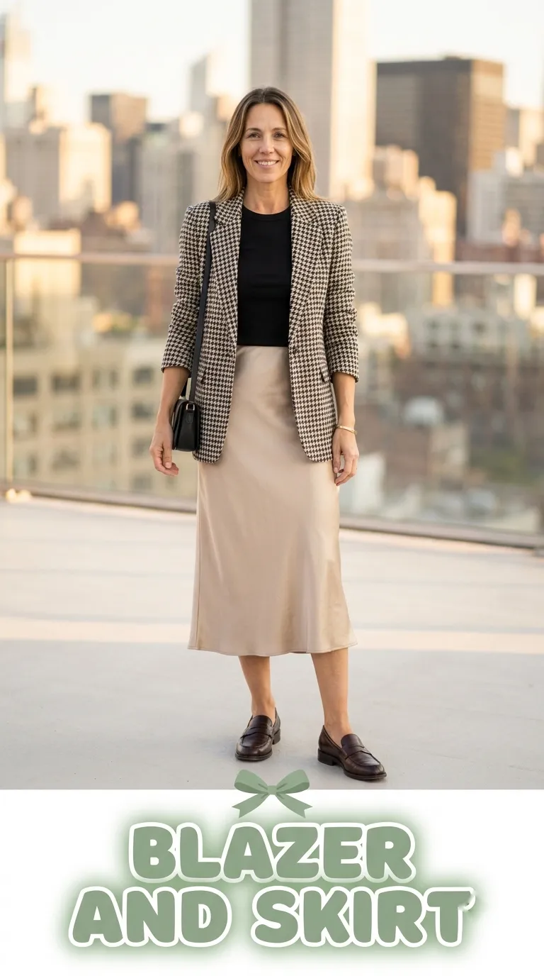 Woman wearing a houndstooth blazer, black tee and champagne satin midi skirt with brown loafers