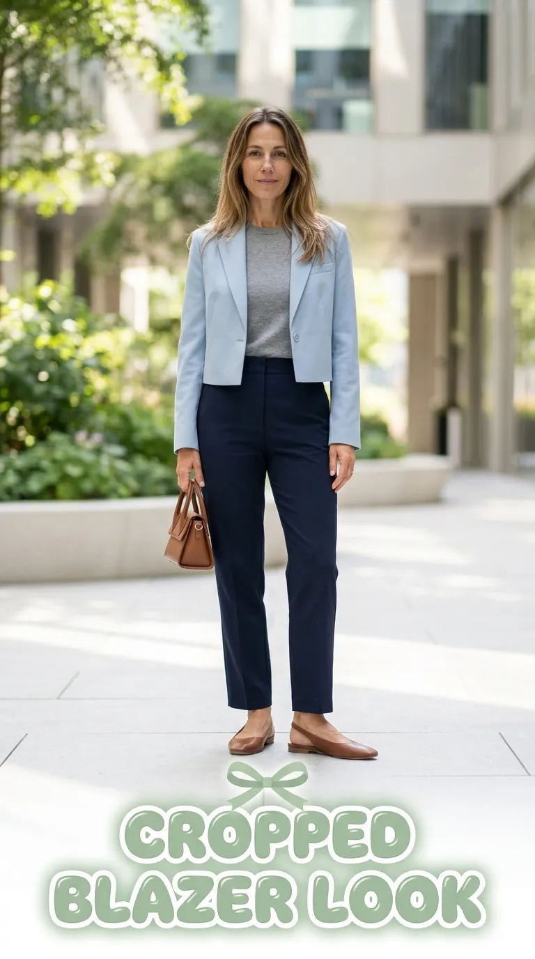 Woman wearing a powder blue cropped blazer, gray knit tee and navy high-waist trousers with brown slingback flats