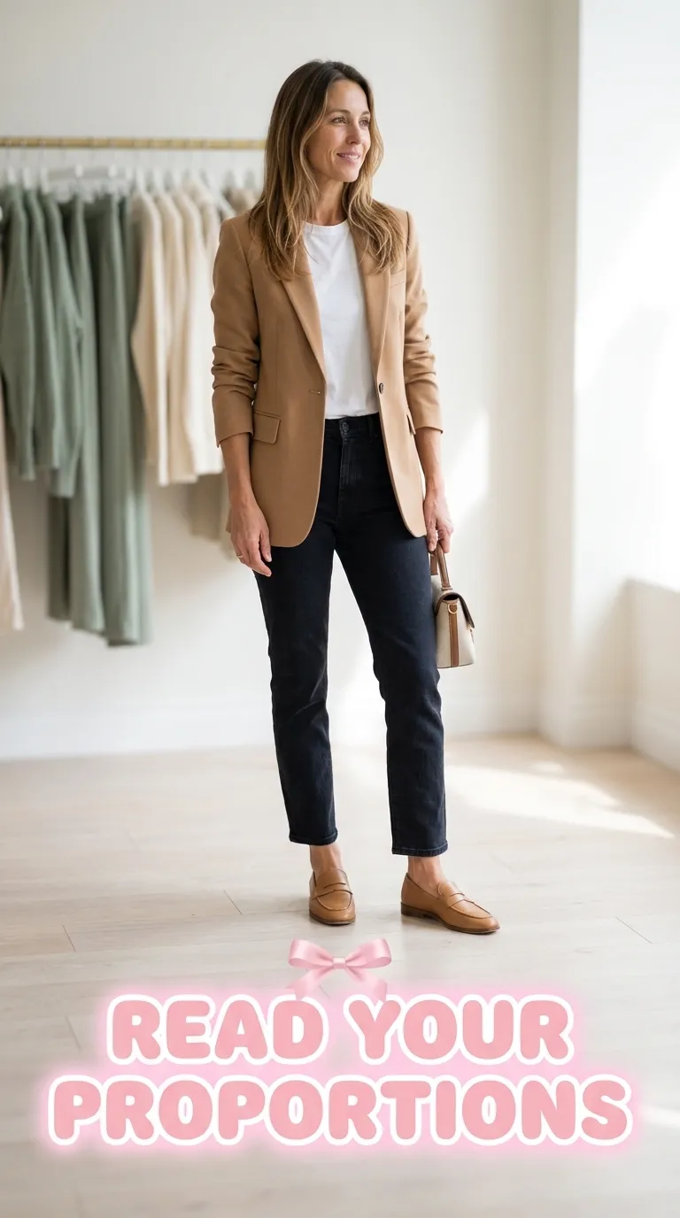 Woman in a fitted camel blazer, white tee, and straight-leg jeans checking her proportions in a full-length mirror