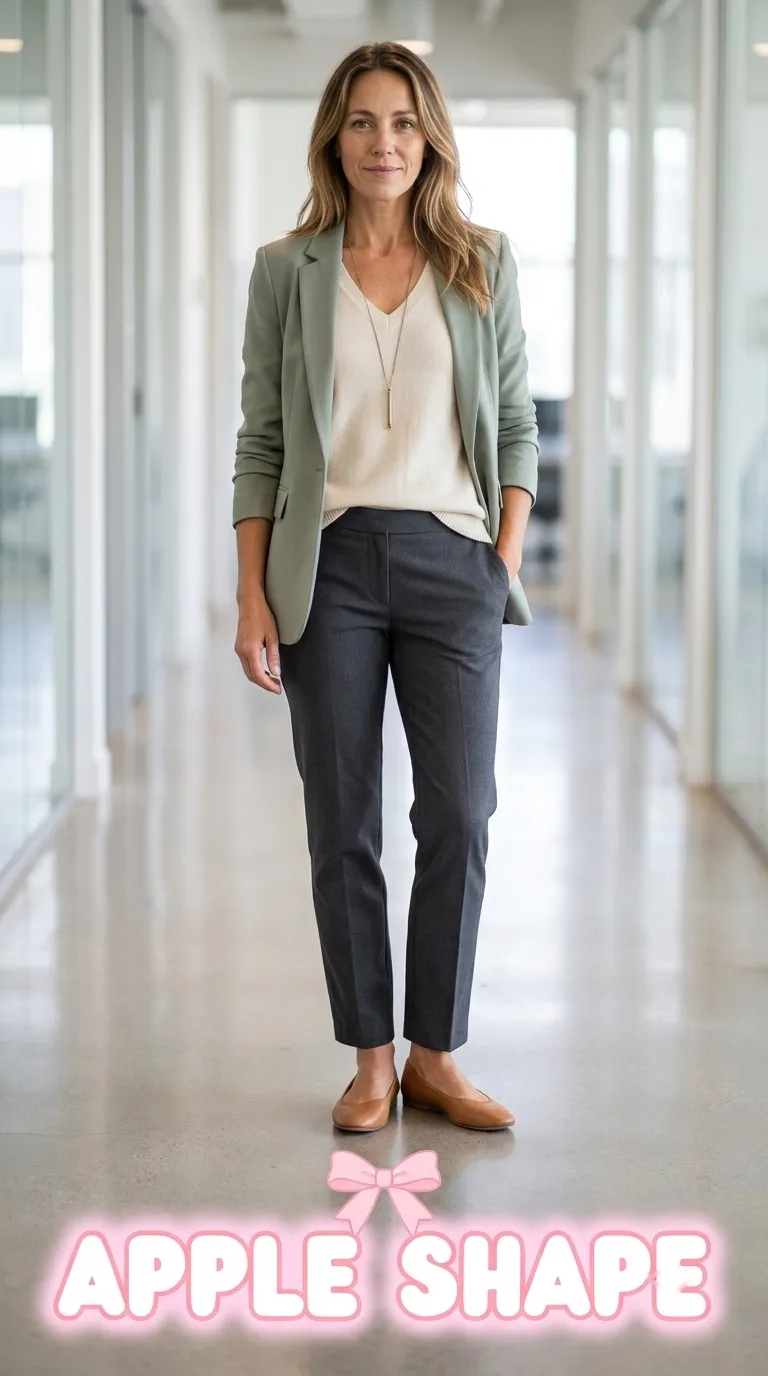 Woman in a V-neck top, structured open blazer, and straight-leg pants with leather flats