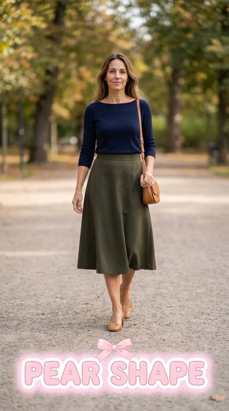 Woman in a boat-neck knit top, A-line midi skirt, and low block-heel pumps