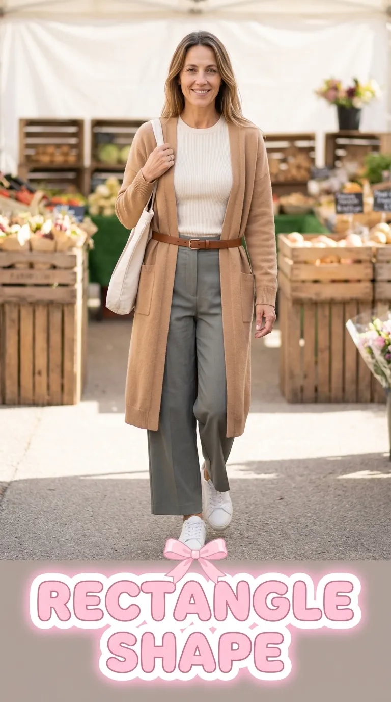Woman in a ribbed knit tee, a belted long cardigan, wide-leg trousers, and white leather sneakers