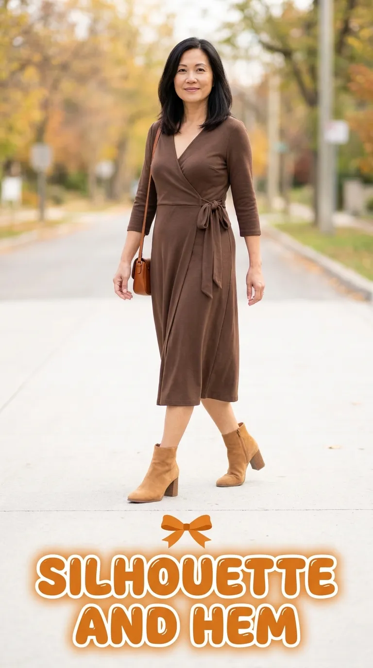 Woman in a brown midi wrap dress and tan block-heel ankle boots walking down a tree-lined street