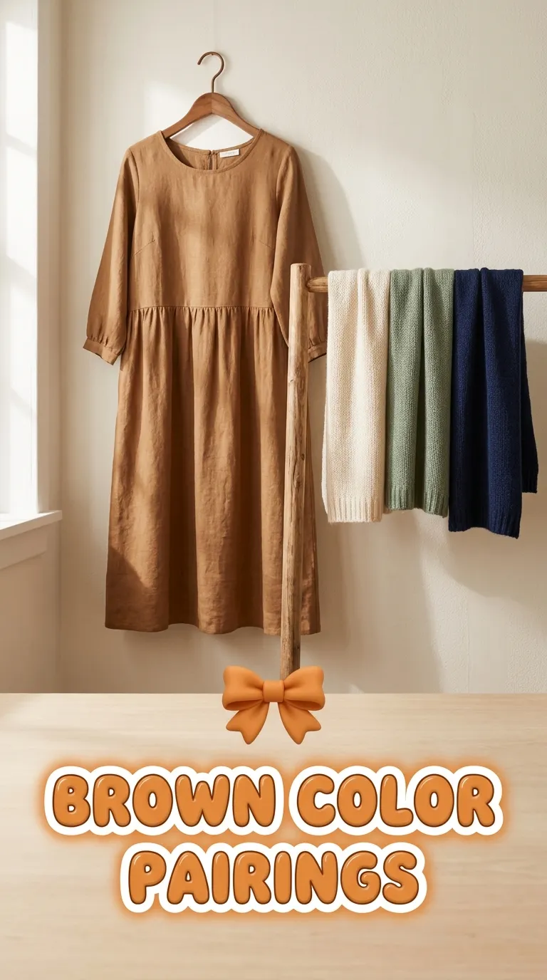 Brown dress on a wooden hanger beside cream, olive, and navy scarves