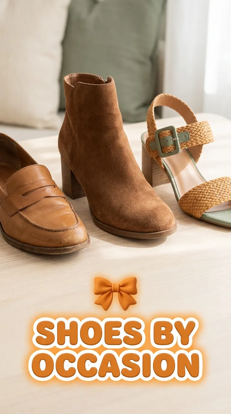 Row of a tan leather loafer, a brown suede ankle boot, and a block-heel sandal on a pale wood tabletop